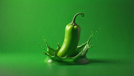 Green chili pepper splashing in liquid on green background