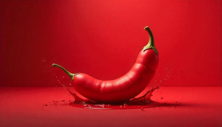 Dramatic red chili pepper with splashing effect on a red background