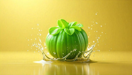 Green fruit with leaves in splash of golden liquidの写真素材
