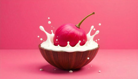 Bright red cherry and splashing milk in wooden bowl