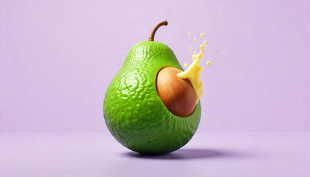 Half avocado with a splash on light purple background