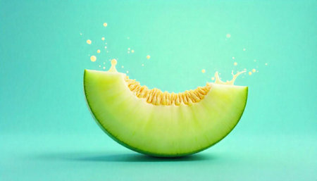 Honeydew melon slice with splash against teal backgroundの写真素材