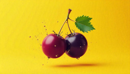 Two glossy plums on a yellow background with water dropsの写真素材