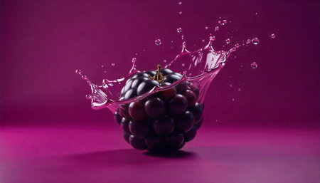 Fresh blackberry splash on deep magenta backdrop close up