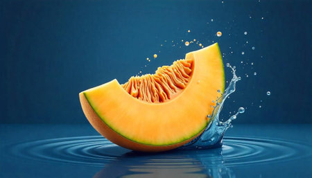 Slice of cantaloupe melon with water splash, blue backgroundの写真素材
