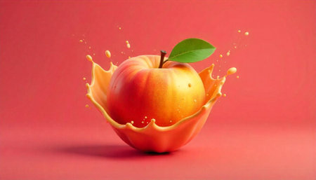 Fresh apple with juice splash on clean backgroundの写真素材