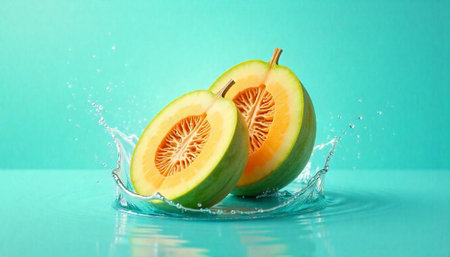 Honeydew melon halves in water with light blue backgroundの写真素材