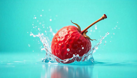 Red Strawberry Freshness: A splash of water on blue backdrop