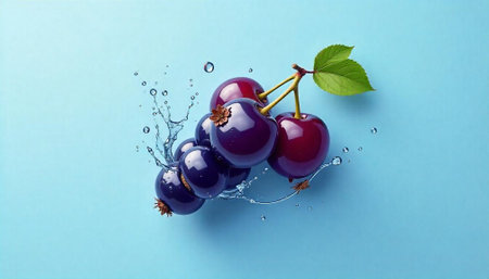 Fresh Cherries and Currants with Water Splash on Blueの写真素材