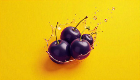 Fresh deep purple cherries with juice splash on yellow backdrop
