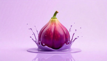 Stylized fig fruit splashing into pastel purple liquid puddleの写真素材