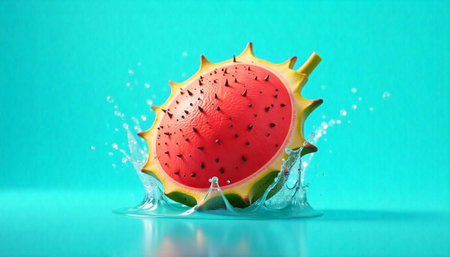 Kiwano melon splashing in water on turquoise backgroundの写真素材