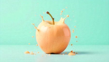 Creative apple explosion on teal backdrop stock photographの写真素材