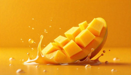 Fresh mango slice with splash on yellow backgroundの写真素材