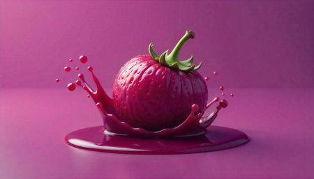 Vibrant round berry with splashing liquid on purple background