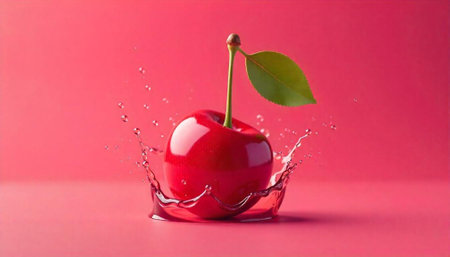 Single cherry splashing into water against pink background