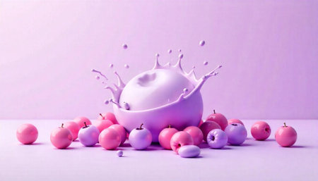 Monochromatic apples with splashed liquid conveying freshness and sweetness