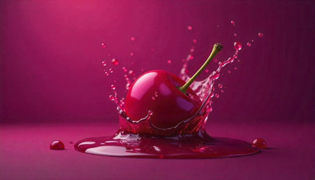 Single cherry splashing juice in vivid, magenta color paletteの写真素材