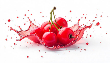 Bright red cherries surrounded by juice splash on white backgroundの写真素材