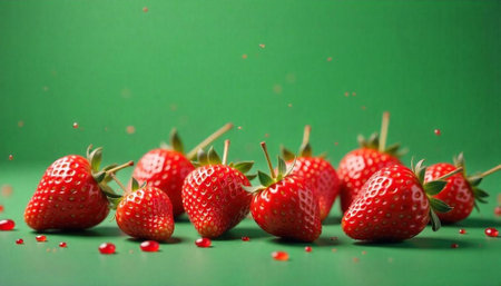 Fresh strawberries on a vibrant green background with water dropletsの写真素材