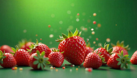 Fresh ripe strawberries on green surface bokeh backgroundの写真素材