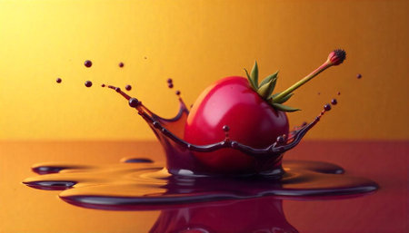 Red fruit splashing in dark liquid on gold background