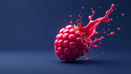 Vibrant raspberry with juice splash against a dark background