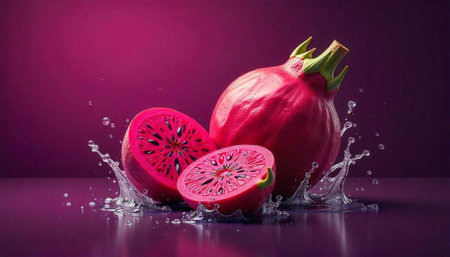 Dragon fruit splash on magenta background still life image