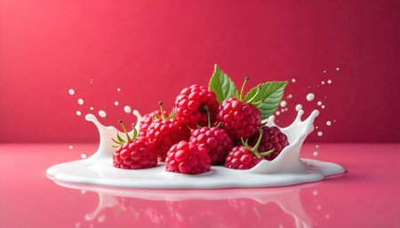 Raspberries splashing into creamy milk with vibrant pink backgroundの写真素材