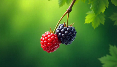 Fresh raspberry and blackberry hanging on branch against green
