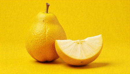 Fresh yellow pear and slice on yellow background