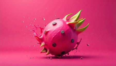 Vibrant dragon fruit splashing with water droplets on pinkの写真素材