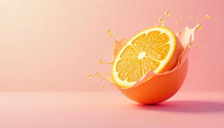 Half orange slice splash on a pink gradient backgroundの写真素材