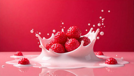 Fresh raspberries splash in a pink milk on redの写真素材