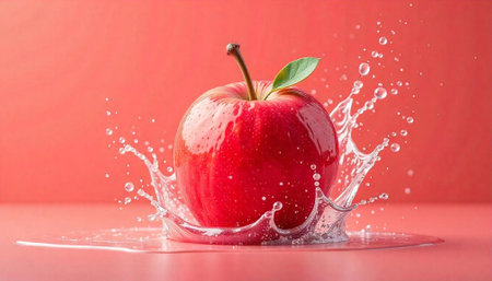 Red apple with water splash on coral backgroundの写真素材