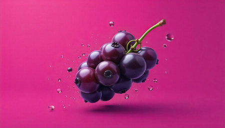 Fresh grapes with water droplets on vibrant pink backgroundの写真素材