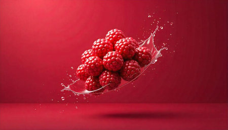 Fresh raspberries with splash on red monochromatic backgroundの写真素材