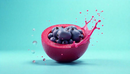 Blueberries in half fruit with pink splash art styleの写真素材