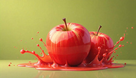 Fresh red apples with juice splash still life arrangementの写真素材