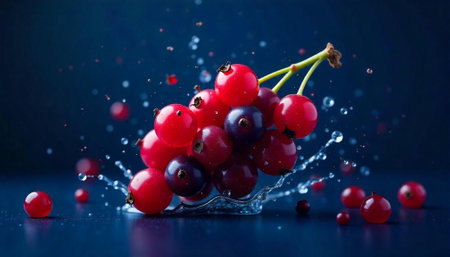 Fresh red currants with water droplets on dark backgroundの写真素材