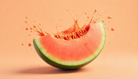 Fresh cantaloupe slice with juice splashing on peach backgroundの写真素材