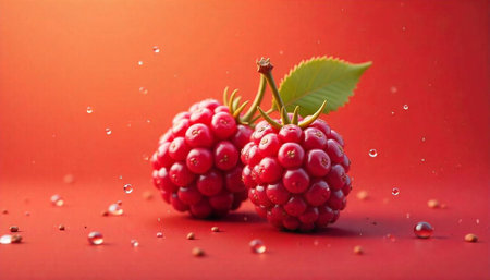 Two vibrant raspberries on red background with water dropletsの写真素材