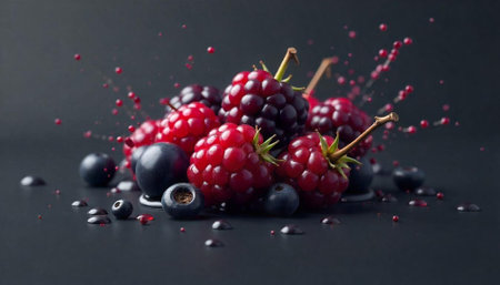 Elegant display of colorful berries with splashing juice accentsの写真素材