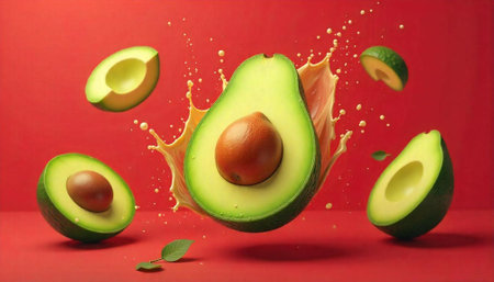 Fresh Avocados Sliced Open with Juice Splash on Red