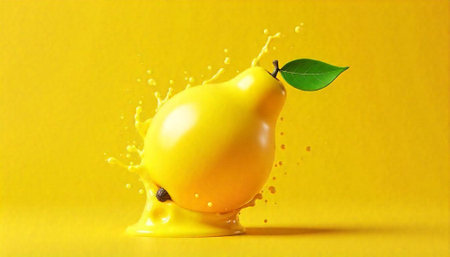 A Yellow Pear with Juice Splash on Yellow Backgroundの写真素材