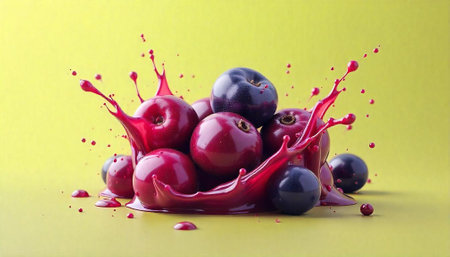 A vibrant juice splash with fresh dark plums artworkの写真素材