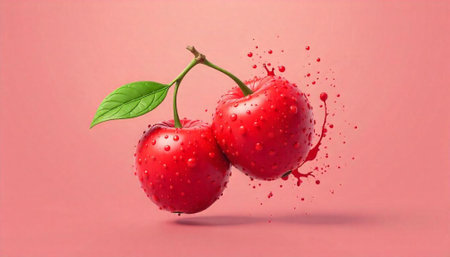 Fresh juicy red cherries with water droplets and splash