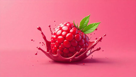 Vibrant raspberry with juice splash on pink monochrome backdropの写真素材