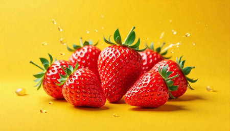 Fresh strawberries with water droplets on a vibrant backgroundの写真素材