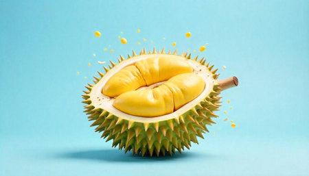 Bright and delicious durian fruit cut in half studio shotの写真素材